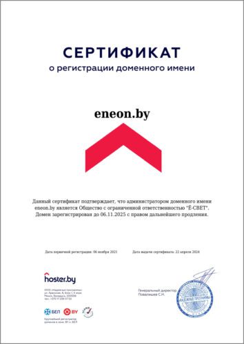 Сертификат о регистрации доменного имени Eneon.by