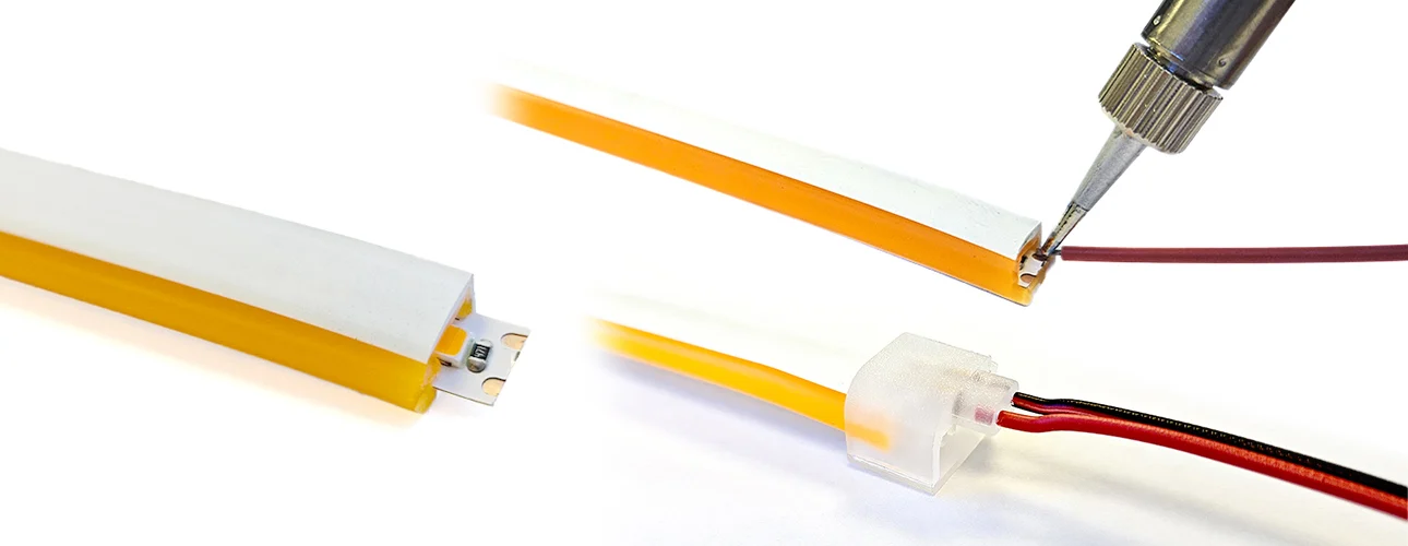 подключение гибкого неона пайкой или коннектором