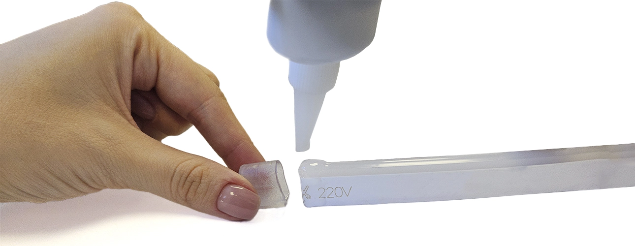 установка заглушки на гибкий неон и герметизация